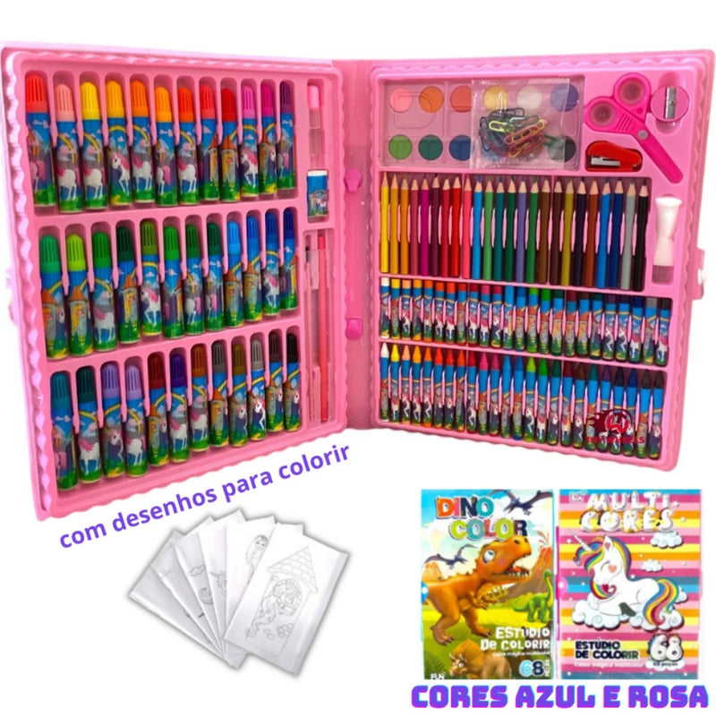 Estojo Maleta Pintura Infantil Lápis Cores Giz Canetinhas e Diversos Tamanhos Desenhos Para Colorir